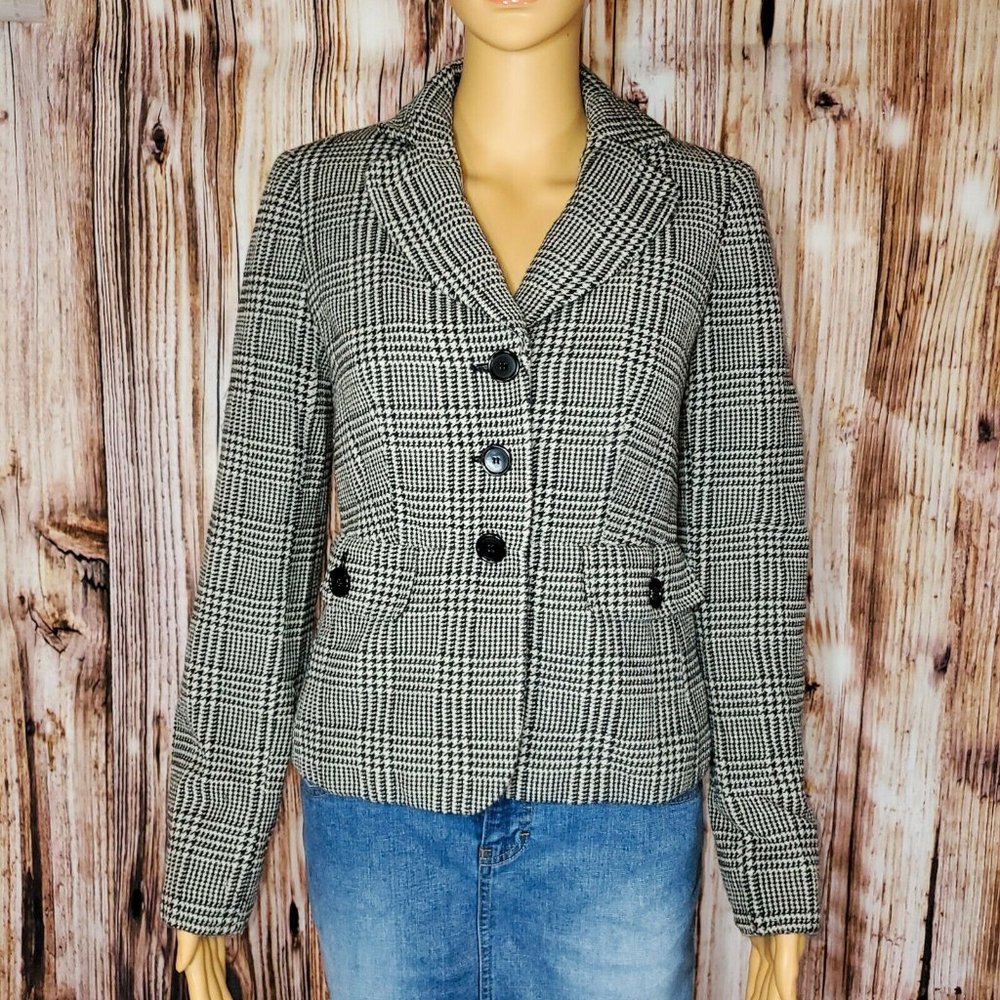 Ann Taylor Black and White Plaid Button Blazer 0